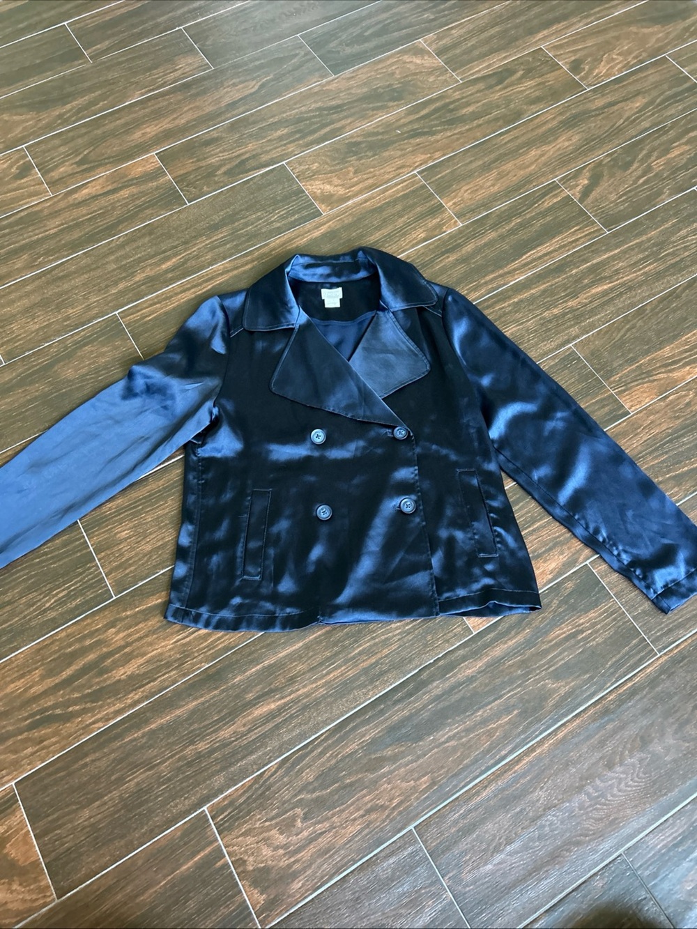 Chico's Navy Satin Double-Breasted Blazer